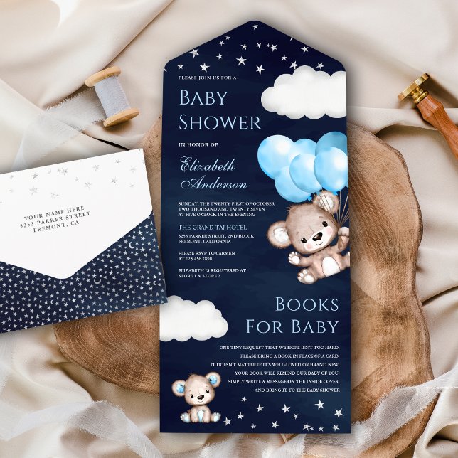Invitación Todo En Uno Cute Teddy Bear Blue Balloons Nave Baby Shower (Subido por el creador)