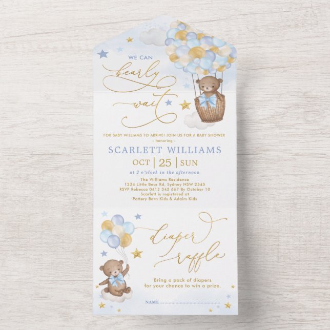 Invitación Todo En Uno Cute Teddy Bear Blue Gold Balloon Boy Baby Shower (Interior)