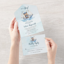 Invitación Todo En Uno Cute Teddy Bear Nautical Bote Boy Baby Shower