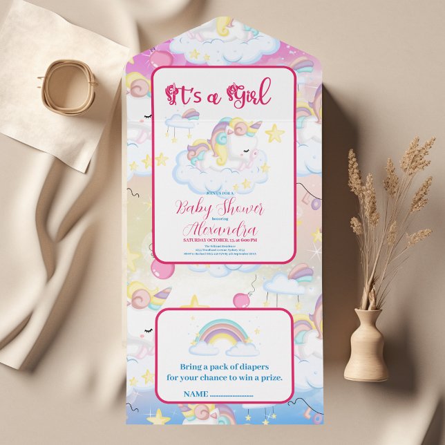 Invitación Todo En Uno Cute Unicorn Rainbow Baby Shower (Subido por el creador)