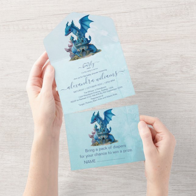 Invitación Todo En Uno Cute Watercolor Blue Dragon Baby Shower (desgarro)