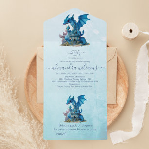 Invitación Todo En Uno Cute Watercolor Blue Dragon Baby Shower