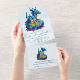 Invitación Todo En Uno Cute Watercolor Blue Dragon Baby Shower