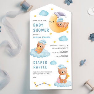 Invitación Todo En Uno Cuto durmiendo Teddy Bear Crescent Moon Baby Showe