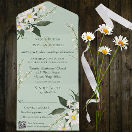 Invitación Todo En Uno Daisidades simples en verde sabio con código QR