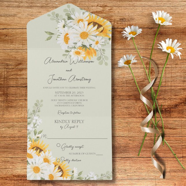 Invitación Todo En Uno Daisies de campo y girasoles en verde (Also available with QR code)