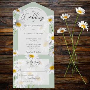 Invitación Todo En Uno Daisies de verano sobre el verde sabio