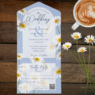 Invitación Todo En Uno Daisies dulces sobre azul pálido con código QR
