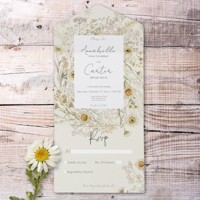 Invitación Todo En Uno Daisies Rústicos Modernos Florales Sin Cena (Modern Rustic Dried Daisies Floral No Dinner All In One Invitation)