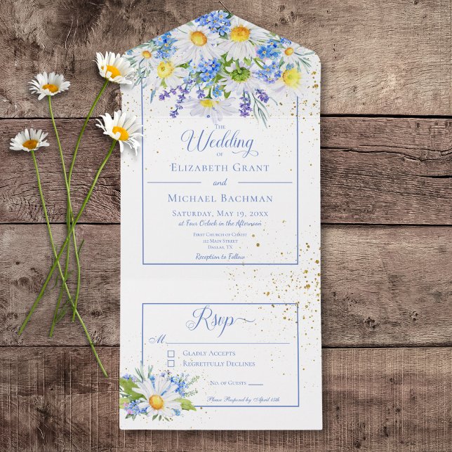 Invitación Todo En Uno Daisies Rústicos y Bouquet Floral Azul No Hay Cena (Rustic Daisies & Blue Floral Bouquet All In One Wedding Invitation without Dinner Options)