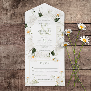 Invitación Todo En Uno Daisies Rústicos y Flores Blancas Sin Cena
