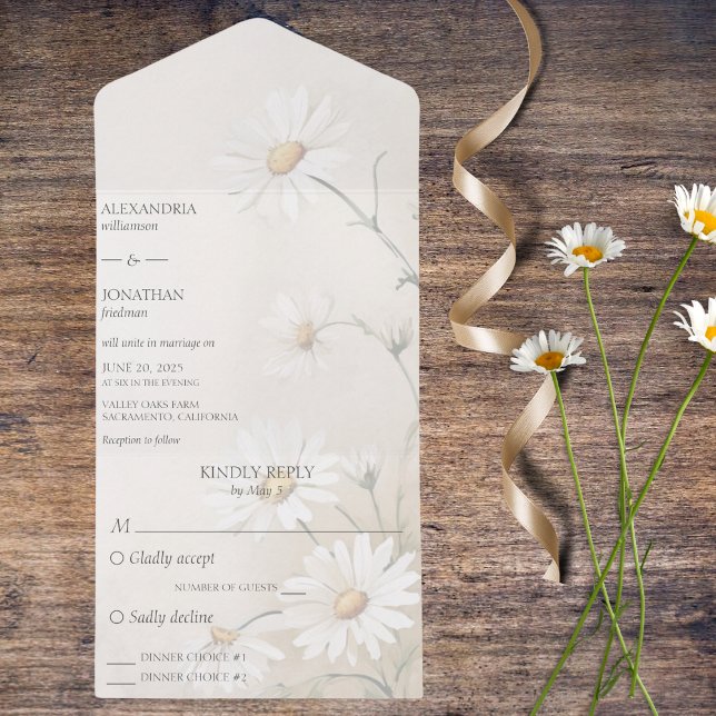 Invitación Todo En Uno Daisies sencillos con opciones de cena (Also available without dinner options or with QR code. )
