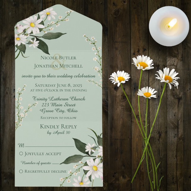 Invitación Todo En Uno Daisies simples sobre el verde sabio (Also available with QR code)