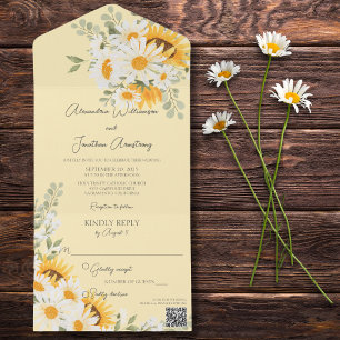 Invitación Todo En Uno Daisies y girasoles del campo en el código QR de o