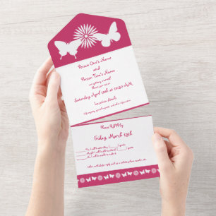 Invitación Todo En Uno Daisies y mariposas en frambuesa