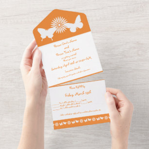 Invitación Todo En Uno Daisies y mariposas en Naranja