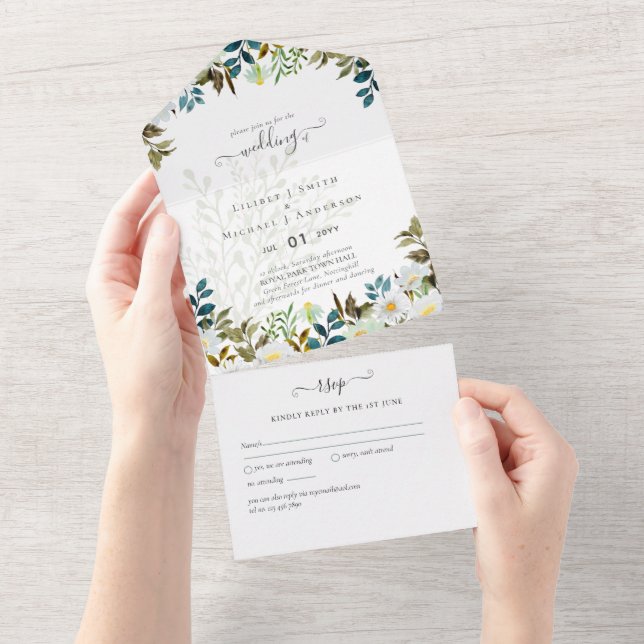 Invitación Todo En Uno Daisy Wildflowers Greenery Boda (desgarro)