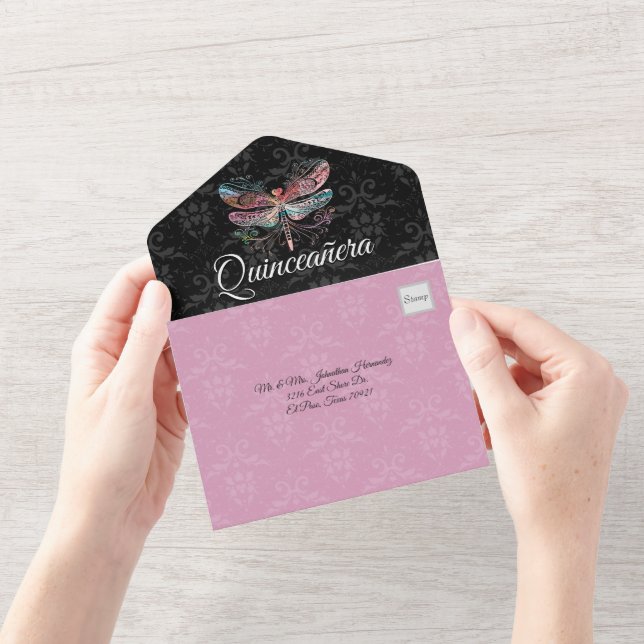 Invitación Todo En Uno Damasco con libélula Quinceañera (Apertura)