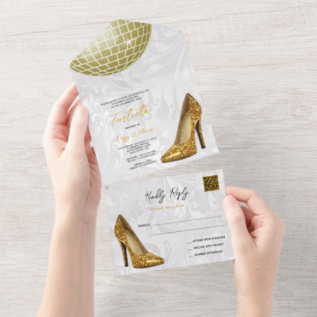 Invitación Todo En Uno Damask, Gold Stilettos & Disco Ball 40th QR CODE (desgarro)