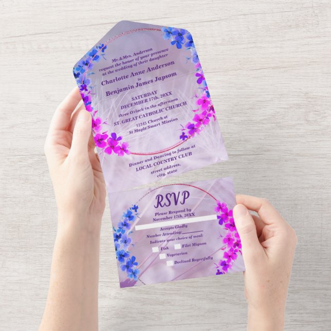 Invitación Todo En Uno Dandelion Purple Floral Boda (desgarro)