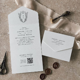 Invitación Todo En Uno DAPHNE Código QR Boda de cosecha blanca floral neg