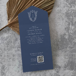 Invitación Todo En Uno DAPHNE Código QR Boda floral Minimalista azul oscu