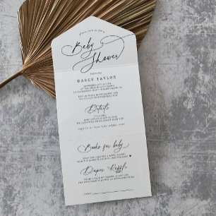Invitación Todo En Uno DARCY Moderno pañal blanco negro Raffle Baby Showe