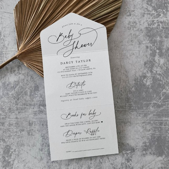 Invitación Todo En Uno DARCY Moderno pañal blanco negro Raffle Baby Showe (DARCY Modern Black White Diaper Raffle Baby Shower All In One Invitation)