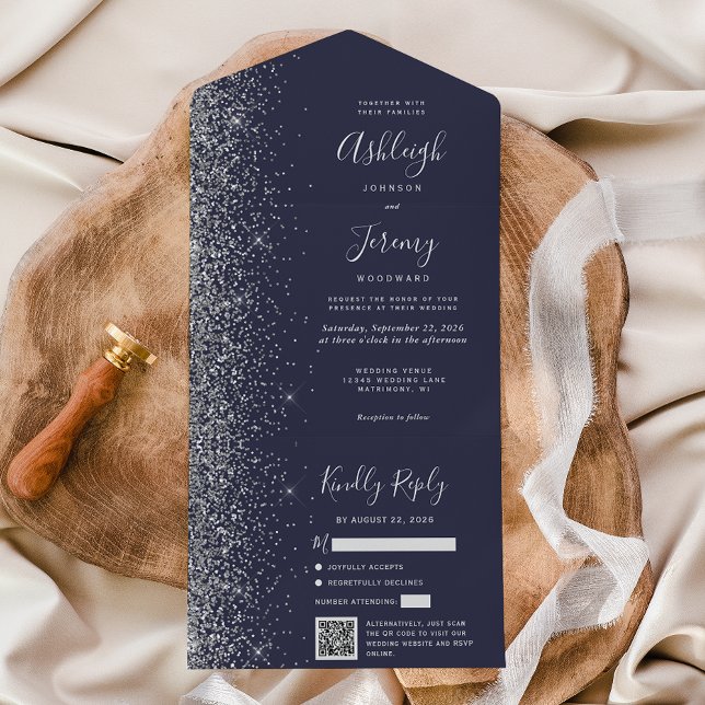 Invitación Todo En Uno Dark Blue Silver Glitter QR Code Wedding (Subido por el creador)