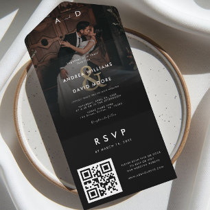 Invitación Todo En Uno Dark Faded Photo Gold Ampersand & QR Code Wedding