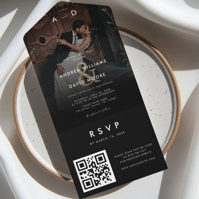 Invitación Todo En Uno Dark Faded Photo Gold Ampersand & QR Code Wedding (Subido por el creador)