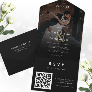 Invitación Todo En Uno Dark Faded Photo Gold Ampersand & QR Code Wedding