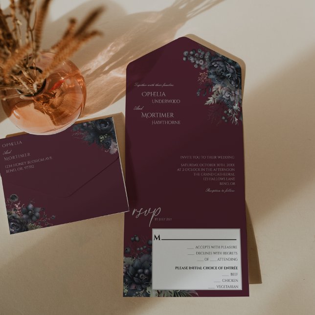 Invitación Todo En Uno Dark Gothic Floral Burgundy Boda (Subido por el creador)