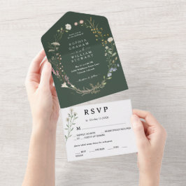 Invitación Todo En Uno Dark Green Watercolor Flor Silvestre Primavera Wed