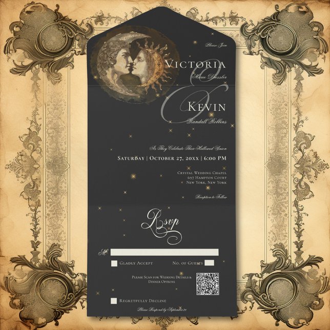 Invitación Todo En Uno Dark Moody Victorian Kissing Moon y Sun QR Code (Dark Moody Victorian Kissing Moon & Sun QR Code All In One Invitation)