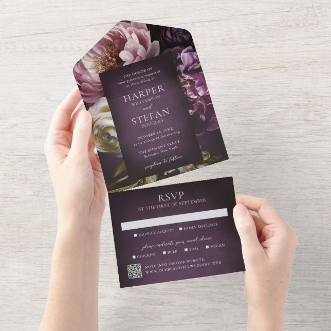 Invitación Todo En Uno Dark Purple Fine Art Floral Elegant Wedding (desgarro)