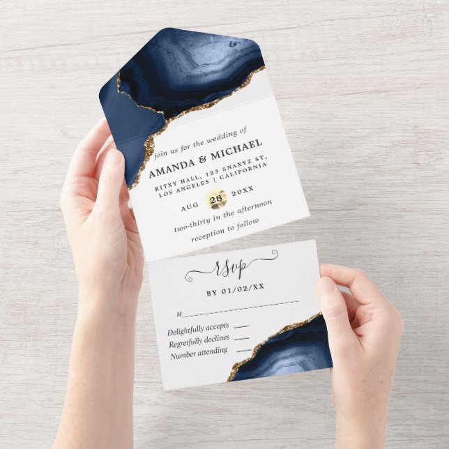 Invitación todo en uno de Ágata Navy y Gold (desgarro)