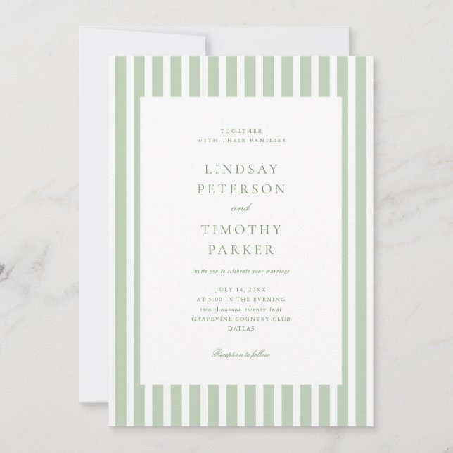 Invitación Todo en uno de rayas verde salvia para boda (Anverso)