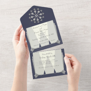 Invitación Todo En Uno Deco artístico swanky en azul