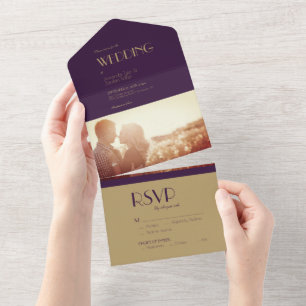 Invitación Todo En Uno Deco de tipo de oro   Boda de fotografías moradas 
