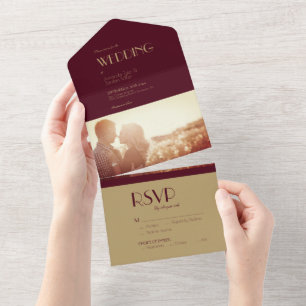 Invitación Todo En Uno Deco de tipo de oro   Boda de fotos de Borgoña