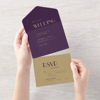 Invitación Todo En Uno Deco de tipo de oro | Boda morado oscuro