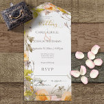 Invitación Todo En Uno Deco Moderno Color Blanco Floral Peach No Cena<br><div class="desc">Este diseño presenta un suave borde de melocotón, verde y dorado sobre un suave arco de color marrón. Las invitaciones todo en uno personalizadas son una combinación única de una invitación personalizado bien impresa y una postal RSVP fácil de desgarrar. ¡Y son tan fáciles de usar! Simplemente se pliega, después...</div>