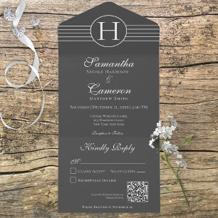 Invitación Todo En Uno Deco Monograma moderno Carbón negro Código QR