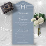 Invitación Todo En Uno Deco Monograma moderno cena azul turbio<br><div class="desc">TAMBIÉN ESTÁ DISPONIBLE CON UN CÓDIGO QR PARA ESCALAR EN EL ÁREA RSVP. El diseño es sencillo pero elegante, con la última inicial del novio o de la novia en un marco de estilo art decó. Las invitaciones todo en uno personalizadas son una combinación única de una invitación personalizado bien...</div>