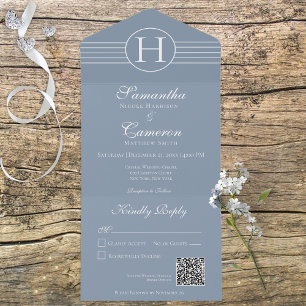 Invitación Todo En Uno Deco Monograma moderno Dusty azul QR Código