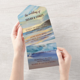 Invitación Todo En Uno Deep blue Sunset beachAll in One Wedding Invitan
