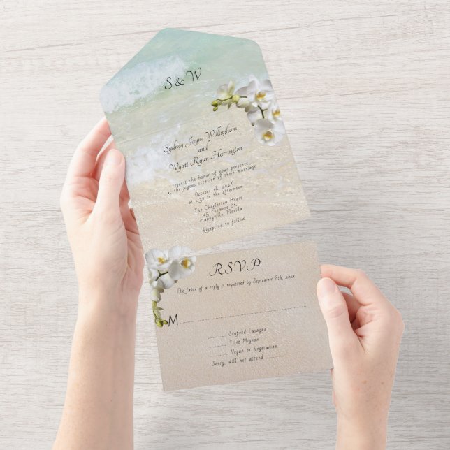 Invitación todo en uno del Boda Orchids Beach Scen (desgarro)
