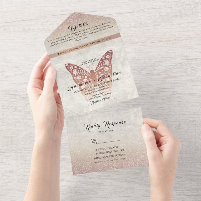 Invitación todo en uno del Boda Rosa Purpurina de  (desgarro)