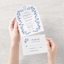 Invitación Todo En Uno Delft azul y blanco monogramado